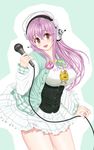  blush breasts commentary_request corset headphones highres jacket large_breasts long_hair long_sleeves looking_at_viewer microphone miniskirt mio_yuki nitroplus open_clothes open_jacket open_mouth pink_hair red_eyes skirt smile solo super_sonico 