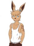  2016 alpha_channel areola blue_eyes clothing ear_piercing frown fur lagomorph looking_at_viewer male mammal o_o pants piercing rabbit repeat_(visual_novel) shirokoi shirt simple_background sissel_(repeat) solo surprise tan_fur tank_top tattoo torn_clothing transparent_background 