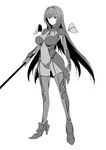  armor bodysuit boots breasts commentary_request covered_navel fate/grand_order fate_(series) greyscale harukon_(halcon) highres holding holding_weapon impossible_bodysuit impossible_clothes large_breasts long_hair looking_at_viewer monochrome polearm scathach_(fate)_(all) scathach_(fate/grand_order) shoulder_armor sidelocks sketch skin_tight solo spear thigh_boots thighhighs weapon white_background 