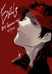  2016 black_hair character_name dated eyelashes face hat highres jacket looking_at_viewer looking_to_the_side male_focus messy_hair naogen oki_kouji red_background red_eyes red_hat shade smirk solo visor_cap world_trigger zipper 