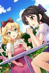  :d bangs black_hair blonde_hair blouse blue_sky bow brown_eyes bush chair cloud cup day dress dutch_angle eye_contact eyebrows eyebrows_visible_through_hair flower garden green_eyes hair_bow hair_ornament hairband half_updo hand_on_lap hands_together highres holding holding_cup idolmaster idolmaster_cinderella_girls jewelry knees_together long_hair looking_at_another miniskirt multiple_girls necklace open_mouth outdoors pearl_necklace pendant pink_dress pink_flower pink_rose purple_blouse purple_skirt rose rose_bush sakurai_momoka satogo shirt short_sleeves sidelocks signature sitting skirt sky smile table tachibana_arisu tea teacup tied_shirt yellow_flower yellow_rose 