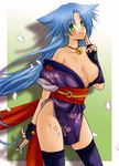  bare_shoulders bell blue_hair breasts cleavage collar commentary_request fingerless_gloves gloves green_eyes highres japanese_clothes kimono large_breasts long_hair looking_at_viewer nekosasa no_panties rance_(series) sengoku_rance short_kimono smile solo suzume_(rance) thighhighs 