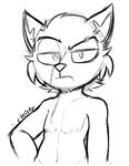  2016 anthro big_eyes big_head black_and_white cheek_tuft chin_tuft cute digital_drawing_(artwork) digital_media_(artwork) front_view frown fur half-closed_eyes half-length_portrait head_tuft league_of_legends looking_at_viewer mammal monochrome navel nipples nude portrait riot_games scar signature simple_background slit_pupils snout solo standing toony tuft unamused veigar veigar-chan video_games white_background yordle 