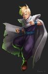 blonde_hair boots brown_footwear cape clenched_hands dragon_ball dragon_ball_z full_body green_eyes male_focus shoulder_pads signature solo son_gohan sun_stark super_saiyan wristband 
