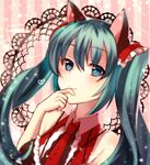  1girl animal_ears blue_eyes blue_hair blush cat_ears closed_mouth commentary_request eyebrows finger_to_mouth hatsune_miku long_hair looking_at_viewer mofuruo smile solo twintails vocaloid 