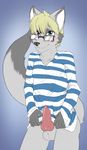  2014 animal_genitalia animal_penis anthro blonde_hair bottomless canine canine_penis clothed clothing eyewear fur glasses grey_fur hair knot luckystreak_(character) male mammal penis poulet-7 shirt smile solo standing 