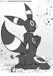  2016 alanscampos anthro bare_back black_nose breasts butt eeveelution female fur grey_fur greyscale keeling looking_at_viewer monochrome nintendo nude pok&eacute;mon side_boob smile solo umbreon video_games wide_hips 