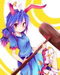 animal_ears bloomers blue_dress blue_hair blush breasts bunny_ears bunny_girl chikuwa_savi closed_mouth commentary crescent dress ear_clip gradient_hair long_hair looking_at_viewer looking_to_the_side mallet multicolored_hair pink_hair puffy_short_sleeves puffy_sleeves red_eyes seiran_(touhou) short_sleeves sideways_glance small_breasts smile solo star touhou twitter_username underwear 