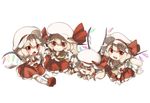  &gt;_&lt; :d ascot blonde_hair blush bow chibi closed_eyes crystal dress fang flandre_scarlet four_of_a_kind_(touhou) full_body hat hat_ribbon looking_at_viewer mob_cap multiple_girls no-kan open_mouth puffy_short_sleeves puffy_sleeves red_bow red_dress red_eyes red_footwear red_ribbon ribbon shoes short_sleeves side_ponytail smile socks touhou white_legwear wings wristband xd 