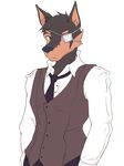  2016 alpha_channel black_nose blue_eyes brown_fur canine clothing doberman dog eye_patch eyewear frown fur jacket male mammal mature_male multicolored_fur muscular muscular_male necktie pants repeat_(visual_novel) samuel_(repeat) scar shirokoi shirt simple_background solo suit transparent_background two_tone_fur 