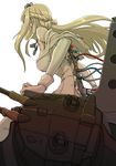 blonde_hair boushi-ya braid breasts cable cannon chair commentary crown cyborg french_braid from_below from_side hat kantai_collection long_hair looking_away machinery simple_background solo subdermal_port turret warspite_(kantai_collection) white_background wire 