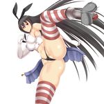 ass bare_arms bare_hips bare_shoulders black_hair breasts commentary_request cosplay drum_(container) g-string kantai_collection kicking large_breasts long_hair nagato_(kantai_collection) navel panties red_eyes rokushiru_(muzai-p) shimakaze_(kantai_collection) shimakaze_(kantai_collection)_(cosplay) simple_background skirt skirt_removed solo striped striped_legwear thong underwear very_long_hair white_background 