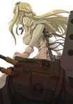  blonde_hair blurry boushi-ya braid breasts cable cannon chair crown cyborg depth_of_field french_braid from_below from_side jewelry kantai_collection long_hair long_sleeves looking_away machinery md5_mismatch medium_breasts necklace off_shoulder simple_background solo subdermal_port thighhighs turret warspite_(kantai_collection) water_drop white_background white_legwear wire 