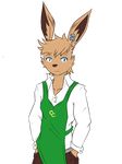  2016 alpha_channel apron blue_eyes clothing ear_piercing frown fur lagomorph looking_at_viewer male mammal o_o pants pecs piercing rabbit repeat_(visual_novel) shirokoi shirt simple_background sissel_(repeat) solo surprise tan_fur transparent_background 