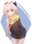  astolfo_(fate) bespectacled bottomless bow fang fate/apocrypha fate_(series) glasses hair_bow highres hood hoodie long_hair male_focus open_mouth otoko_no_ko pink_hair purple_eyes smile solo tilt-shift 