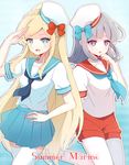  bad_id bad_pixiv_id blonde_hair blue_eyes danganronpa flipped_hair hair_ornament kobeni long_hair multiple_girls nanami_chiaki pink_eyes sailor salute short_hair smile sonia_nevermind super_danganronpa_2 