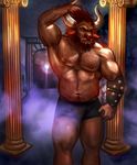  absurd_res armpit_hair armpits body_hair boros_diamondhoof bovine brown_hair clothed clothing hair hairy hand_behind_head hi_res humanoid male mammal minotaur muscular pose slightly_chubby solo topless zanvarin 