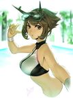  alternate_costume artist_name azusa_(hws) bare_arms bare_shoulders blurry blurry_background breasts brown_hair commentary_request eyebrows eyebrows_visible_through_hair from_side gloves green_eyes headgear kantai_collection large_breasts looking_at_viewer midriff mutsu_(kantai_collection) navel open_mouth short_hair solo sports_bra sunglasses v white_gloves wristband 