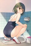  absurdres ass back bare_legs bare_shoulders bathroom bekotarou blush brown_eyes commentary_request competition_school_swimsuit from_behind green_hair half_updo highres indoors looking_at_viewer looking_back no_socks one-piece_swimsuit one_side_up open_mouth original pee peeing peeing_self school_swimsuit shoes short_hair solo squat_toilet squatting swimsuit tile_wall tiles toilet toilet_paper toilet_use uwabaki 