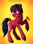  black_hair black_hooves cutie_mark equine fan_character female feral fur hair hooves horn jewelry ka-samy mammal my_little_pony necklace nude purple_eyes red_fur simple_background smile solo standing unicorn 