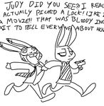  anthro black_and_white clothed clothing dialogue disney duo english_text female fur gun jack_savage judy_hopps lagomorph male mammal monochrome rabbit ranged_weapon simple_background text the_weaver weapon zootopia 