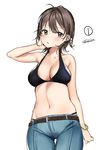  bad_id bad_pixiv_id bangs bare_shoulders bikini_top black_bikini_top black_hair blush bracelet breasts brown_eyes cleavage collarbone commentary_request denim jeans jewelry large_breasts navel open_mouth original pants popuru short_hair signature simple_background solo white_background 