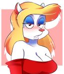  2018 animaniacs anthro blonde_hair blush breasts cleavage clothed clothing eyeshadow female fur hair half-closed_eyes looking_at_viewer makeup mammal minerva_mink mink mustelid outline pink_nose queenminerva simple_background solo warner_brothers white_fur 