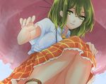  ascot blue_sky breasts collared_shirt day fingernails from_below green_eyes green_hair hair_between_eyes half-closed_eyes hand_on_own_knee kazami_yuuka large_breasts legs lips looking_at_viewer looking_down mayoln orange_skirt out-of-frame_censoring parasol plaid plaid_skirt shiny shiny_hair shirt short_sleeves skirt sky smile solo thighs touhou umbrella upskirt vest_removed white_shirt 