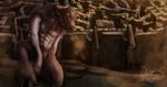  3d_background abs anthro artali-artist bovine brown_background cattle convenient_censorship fur hair hooves kneeling long_hair mammal minotaur nude simple_background 