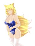  adapted_costume animal_ears blonde_hair blue_swimsuit breasts cleavage closed_mouth collarbone expressionless fist_in_hand fox_ears fox_tail highres hips large_breasts leg_up looking_at_viewer multiple_tails no_hat no_headwear no_pupils one-piece_swimsuit outline shiny shiny_hair shiny_skin short_hair simple_background sketch solo swimsuit tail thighhighs thighs touhou white_background white_legwear x&amp;x&amp;x yakumo_ran yellow_eyes 