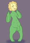  anthro armpits balls barefoot belly eyes_closed flaccid flora_fauna flower front_view green_skin humanoid_penis male navel nintendo not_furry nude open_mouth penis plant pok&eacute;mon posexe simple_background slightly_chubby solo standing sunflora sunflower uncut video_games wide_hips 
