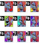  :3 blue_background eye_patch eyes_closed eyewear female fish frown green_background grin hair hair_over_eye laugh marine monster open_mouth orange_background purple_background red_background red_hair satsuki-udon sharp_teeth simple_background smile sweat teeth undertale undyne video_games yellow_background yellow_eyes 