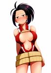  antenna_hair areola_slip areolae arm_at_side arm_behind_back bangs bare_arms bare_shoulders belt beltskirt black_eyes black_hair blush boku_no_hero_academia breasts breasts_apart center_opening closed_mouth collarbone covered_nipples cowboy_shot embarrassed frown hadome half-closed_eyes high_ponytail highres hips large_breasts leotard looking_at_viewer medium_hair navel ponytail red_leotard shiny shiny_skin solo standing thighs wide_ponytail yaoyorozu_momo 