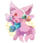  &lt;3 blush cute eeveelution espeon fur headphones nintendo one_eye_closed open_mouth pateko pok&eacute;mon purple_eyes purple_fur scarf simple_background solo star video_games white_background wink 