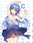 :o absurdres background_text bison_cangshu blue_hair body_writing camisole commentary_request cowboy_shot flower_knot green_eyes hair_ribbon highres letter_pose long_hair looking_at_viewer low_twintails original ribbon single_letter skirt solo spaghetti_strap thigh_gap twintails very_long_hair 