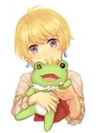  ahoge blonde_hair earrings idolmaster idolmaster_side-m jewelry kaerre looking_at_viewer male_focus otoko_no_ko pierre_(idolmaster) purple_eyes sha_(isago) simple_background smile solo stuffed_animal stuffed_frog stuffed_toy 