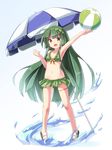  :d ahoge arm_up armpits ball beach_umbrella beachball bikini bikini_skirt breasts gradient gradient_background green_bikini green_hair green_hairband hairband long_hair navel open_mouth pigeon-toed ryogo sandals simple_background small_breasts smile solo splashing swimsuit thigh_strap touhoku_zunko umbrella very_long_hair vocaloid voiceroid water yellow_eyes 