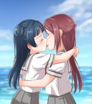  blue_hair blush closed_eyes day double_bun french_kiss from_side half_updo hug kiss love_live! love_live!_sunshine!! multiple_girls mutual_hug outdoors pleated_skirt profile rate_rapiku red_hair sakurauchi_riko school_uniform serafuku skirt tongue tongue_out tsushima_yoshiko uranohoshi_school_uniform yuri 