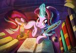  2016 book candle cloud cutie_mark equine feathers female feral fire friendship_is_magic fur hair hi_res horn inside light262 looking_at_viewer loose_feather lying magic mammal multicolored_hair my_little_pony pink_fur purple_eyes quill scroll smile solo starlight_glimmer_(mlp) two_tone_hair unicorn 