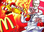  clenched_teeth colonel_sanders commentary_request facial_hair fighting_stance fire flying_kick formal glasses kfc kicking lipstick logo makeup mcdonald's muscle mustache necktie open_mouth red_footwear red_hair red_nose ronald_mcdonald shoes socks striped striped_legwear suit teeth warugaki_(sk-ii) white_hair white_suit 