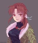  alternate_costume black_lagoon breasts brown_hair coat flower fur_collar grey_background highres jewelry kinoko_simeri light_smile lips long_hair medium_breasts necklace pearl_necklace ponytail revy_(black_lagoon) rose solo sweater turtleneck twitter_username winter_clothes winter_coat 