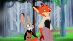  2016 anthro belt brown_fur canine clothed clothing crossdressing crossover disney dress duo english_text female forest fox fur grass green_eyes grey_fur hand_holding judy_hopps lagomorph male mammal multicolored_fur nick_wilde orange_fur orange_tail purple_eyes rabbit signature sleeping_beauty smile text trashasaurusrex tree tunic two_tone_fur white_fur zootopia 