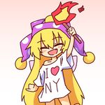  absurdly_long_hair arm_up blonde_hair blush closed_eyes clothes_writing clownpiece commentary fang happy hat heart i_heart... jester_cap kakinoki_mikan_(kari) long_hair naked_shirt off_shoulder open_mouth polka_dot shirt simple_background solo t-shirt torch touhou very_long_hair white_background 