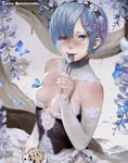  artist_name bare_shoulders blue_eyes blue_hair blueberry breasts breasts_apart bug butterfly cake food fruit hair_ornament hair_over_one_eye highres holding holding_spoon insect looking_at_viewer maid maid_headdress plate re:zero_kara_hajimeru_isekai_seikatsu rem_(re:zero) short_hair small_breasts solo spoon teemu_rasinkangas upper_body x_hair_ornament 