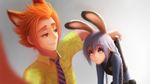  1girl animal_ears blue_eyes braid bunny_ears bunny_girl closed_mouth collared_shirt disney extra_ears floral_print fox_boy fox_ears fox_tail grey_hair humanization judy_hopps lifting_person long_hair long_sleeves looking_at_another necktie neonil nick_wilde orange_hair police police_uniform print_shirt purple_eyes shirt short_hair short_sleeves smile striped striped_neckwear tail twin_braids uniform upper_body zootopia 
