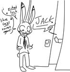  anthro black_and_white clothed clothing dialogue disney duo english_text female fur jack_savage judy_hopps lagomorph male mammal monochrome rabbit simple_background text the_weaver zootopia 