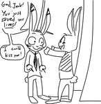  2016 anthro black_and_white buckteeth clothed clothing dialogue disney duo english_text eye_contact female fully_clothed fur grin jack_savage judy_hopps lagomorph long_ears male mammal monochrome open_mouth rabbit simple_background smile speech_bubble standing teeth text the_weaver zootopia 