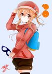  animal backpack bag black_legwear blonde_hair brown_eyes closed_mouth doma_umaru expressionless hamster hat highres himemiya_shuang himouto!_umaru-chan hood hoodie laces looking_at_viewer mask mask_removed md5_mismatch shorts signature simple_background solo sweatshirt thighhighs umr white_background zipper 