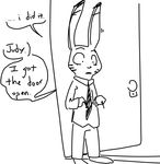  2016 anthro black_and_white clothed clothing dialogue disney english_text fully_clothed fur jack_savage lagomorph long_ears looking_down male mammal monochrome necktie open_mouth rabbit simple_background solo speech_bubble standing text the_weaver white_background wide_eyed zootopia 