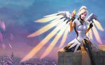  artist_name bird black_footwear black_gloves blonde_hair blue_eyes blue_sky bodysuit boots breasts cityscape cloud cloudy_sky commentary ganymede_(overwatch) gloves glowing glowing_wings hair_grab high_ponytail highres large_breasts light_smile lips lipstick long_hair looking_at_viewer makeup mechanical_halo mechanical_wings mercy_(overwatch) nose outdoors overwatch pantyhose parted_lips plumporange ponytail purple_sky red_lipstick signature sitting sitting_on_wall sky solo spread_wings swiss_flag twilight wall wings yellow_wings 